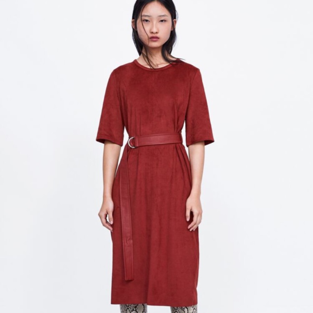 Faux Suede Zara Midi Brick-Red Dress With Belt
